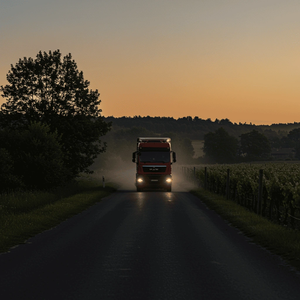 Camion rouge roulant de nuit sur la route