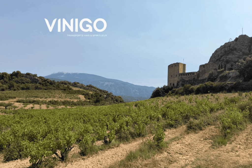 paysage avec des vignes et un château sur la droite face au mont Ventoux